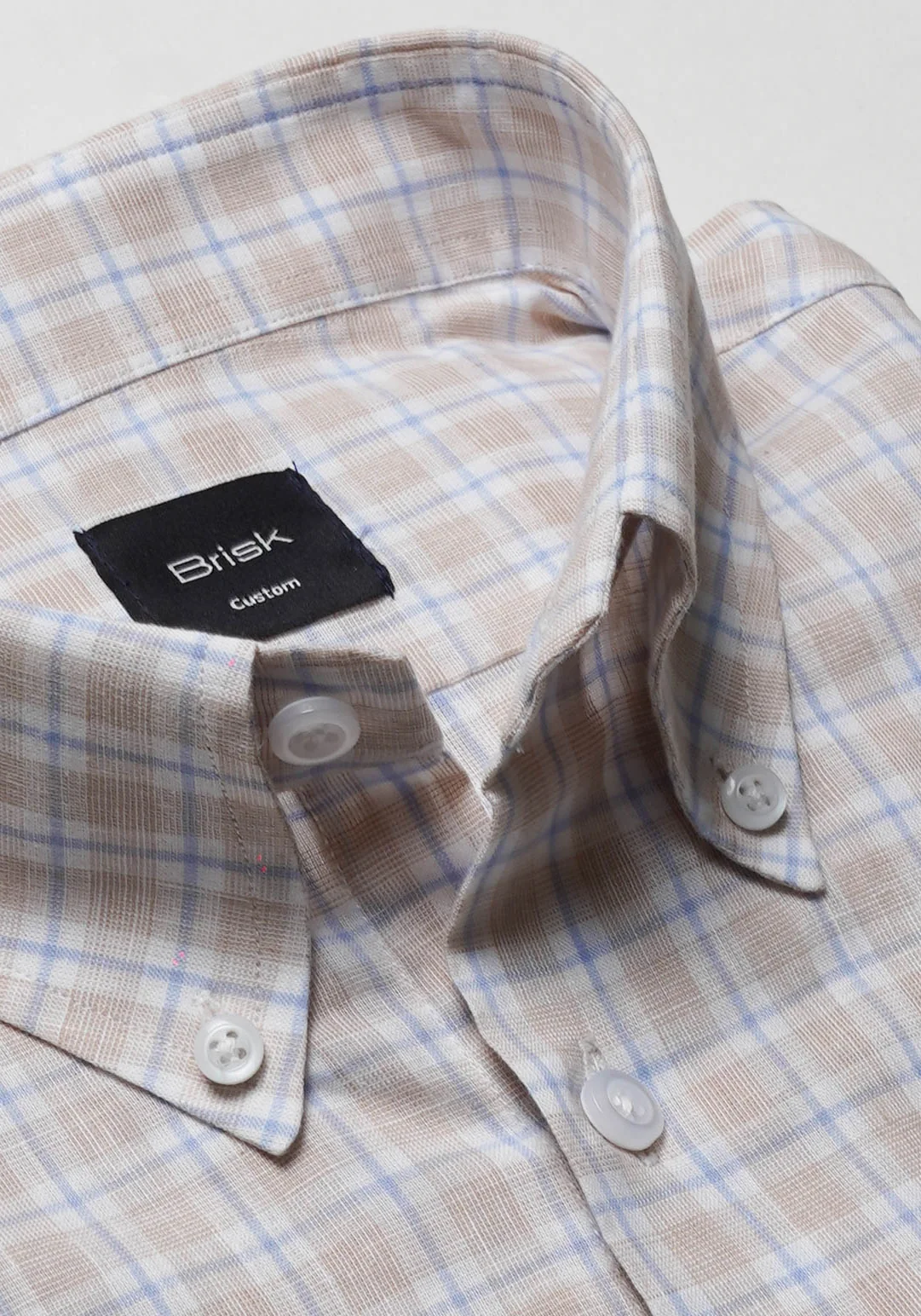 Beige Blue Tartan Cotton Linen Shirt - Image 2