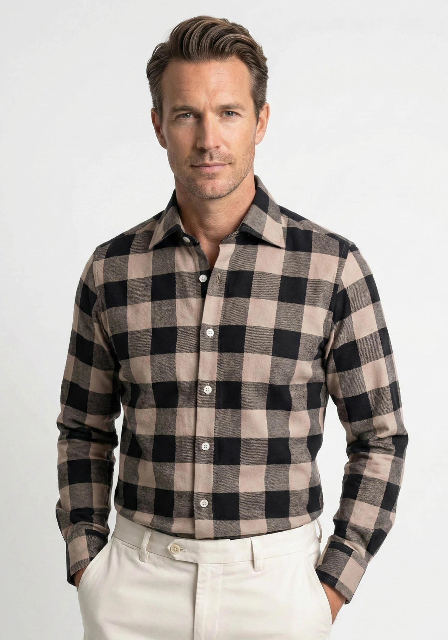 Black Beige Bold Boxes Heavy Flannel Shirt - Image 2
