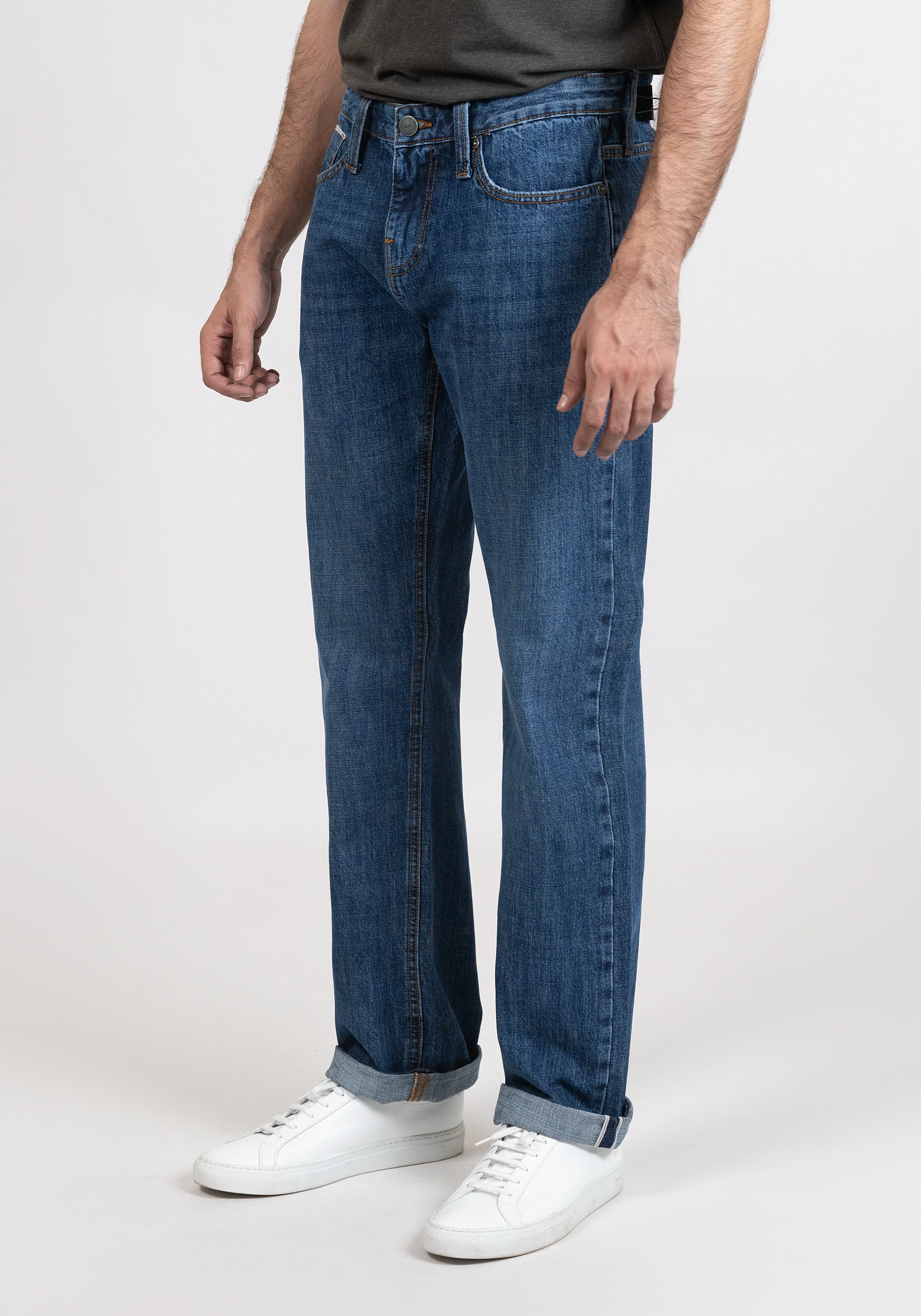 Blue Medium Rinse Wash Slim Straight Selvedge Jeans - Stud - Image 3