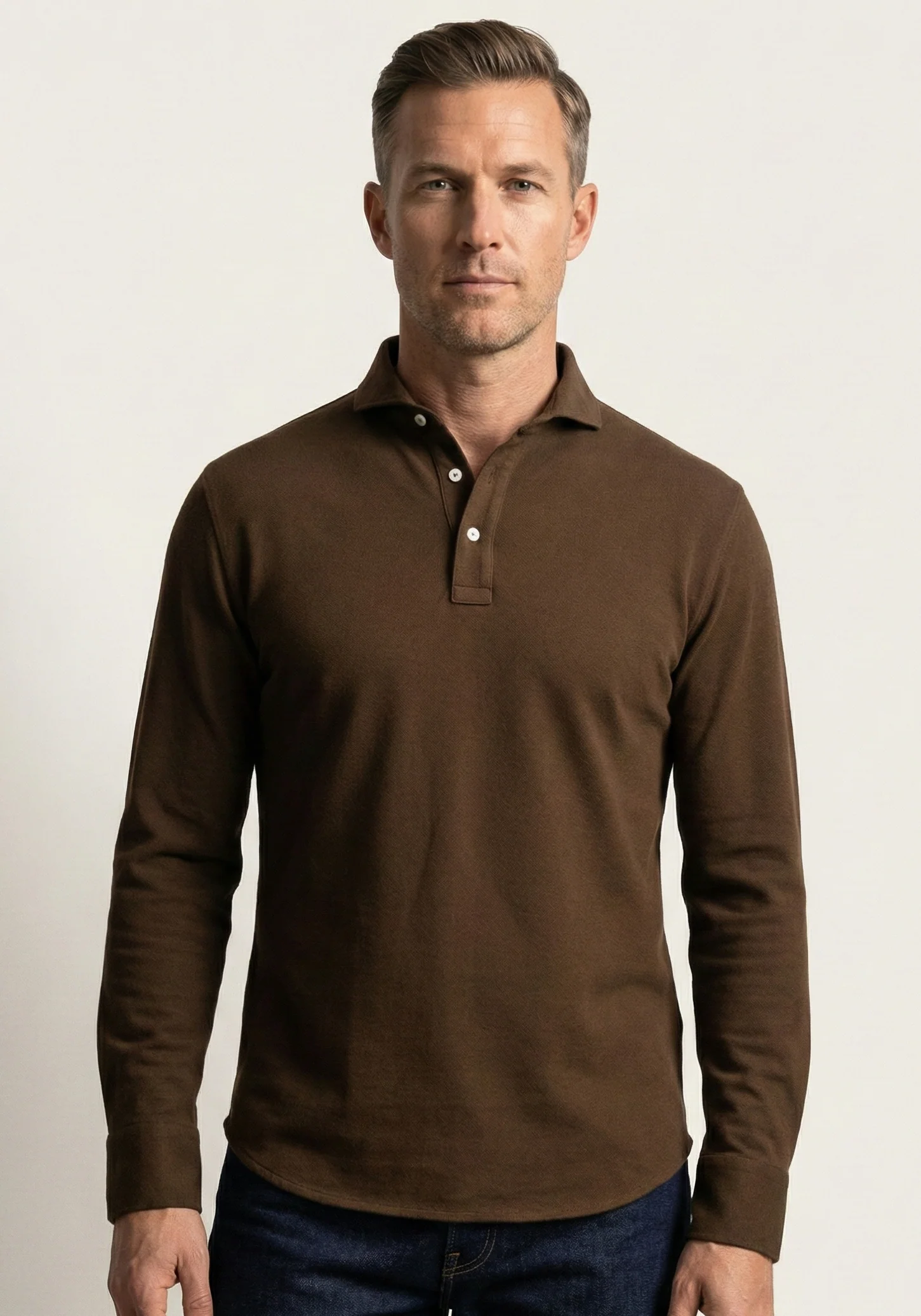 Brown Feather Soft Piqué Full Sleeve Polo Shirt - Image 3