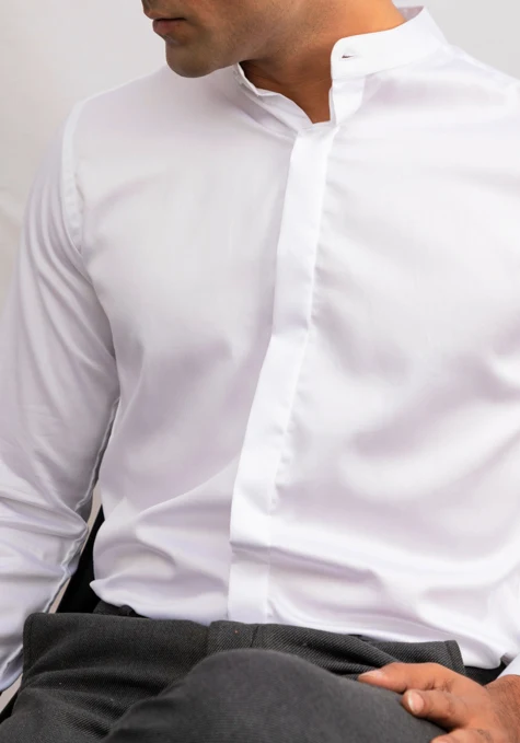 White 60's Poplin Band Collar Shirt - Image 3