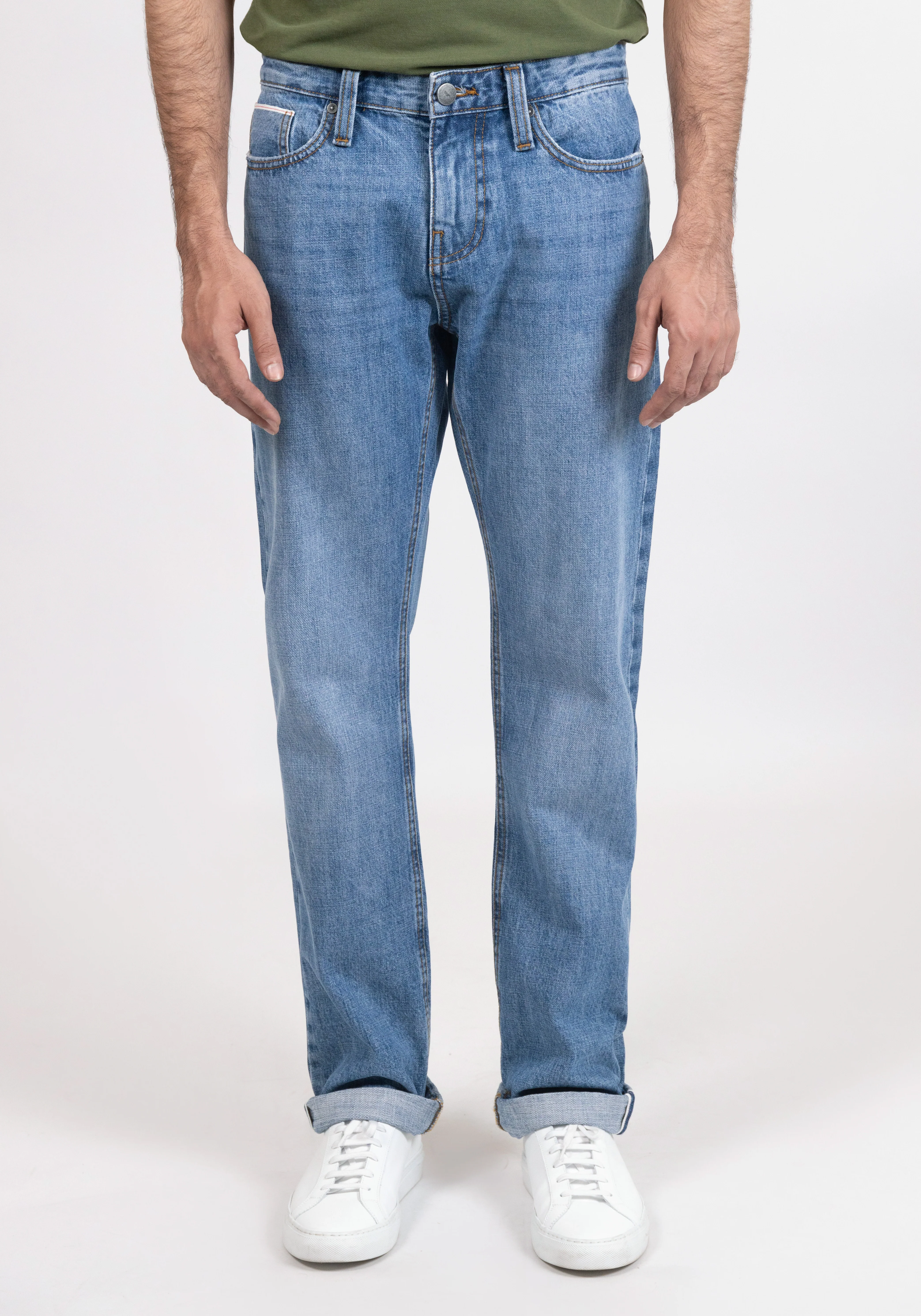 Light Medium Wash Slim Straight Selvedge Jeans - Stud - Image 8