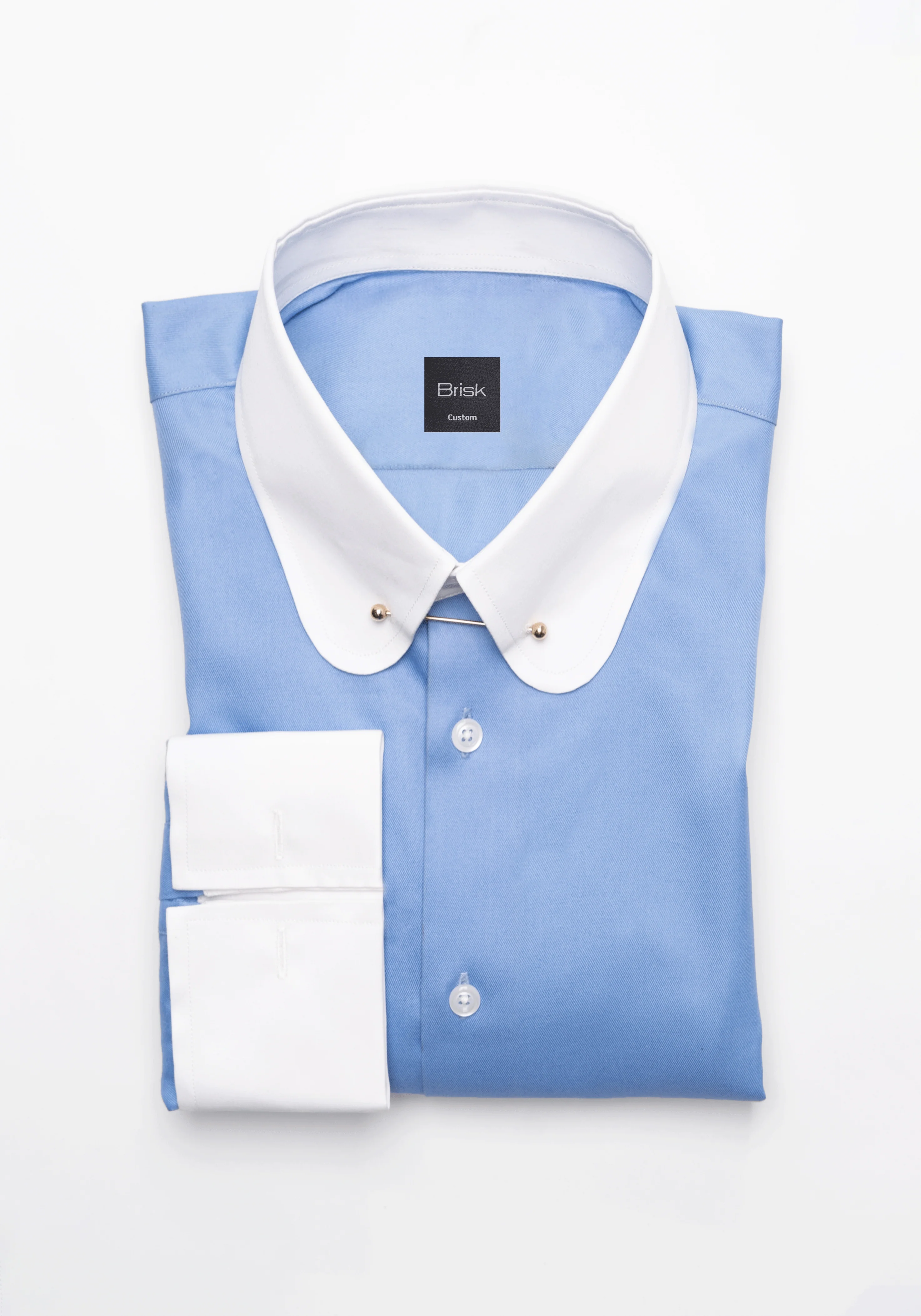 Mid Blue Twill Shirt - White Club Collar With Golden Pin Collar