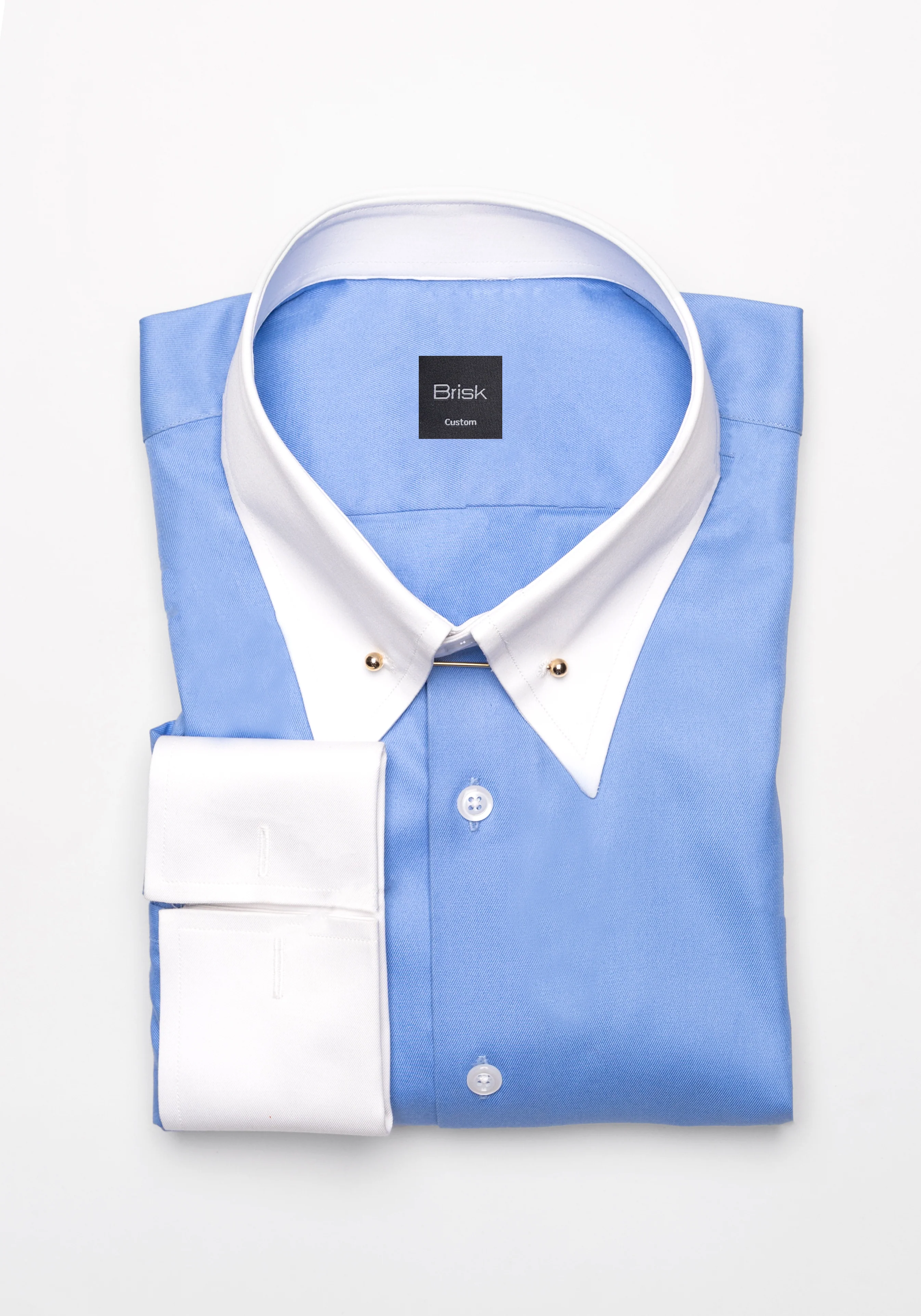 Mid Blue Twill Shirt - White Low Classic Golden Pin Collar & French Cuffs
