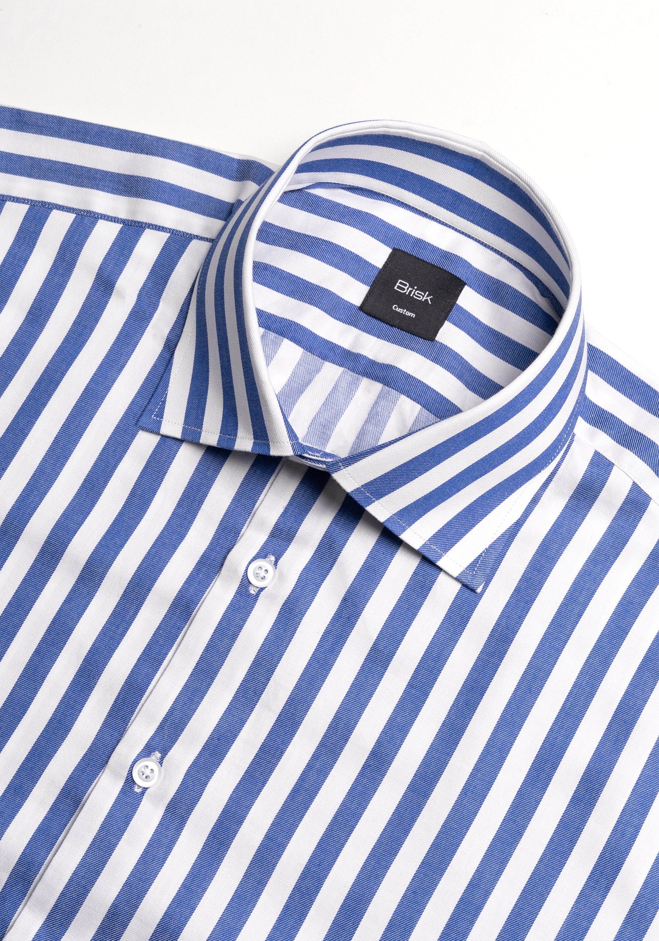 Navy Blue Twill Bold Stripes Pima Cotton Shirt - Cutaway Classic Collar Unused Sample - Image 3