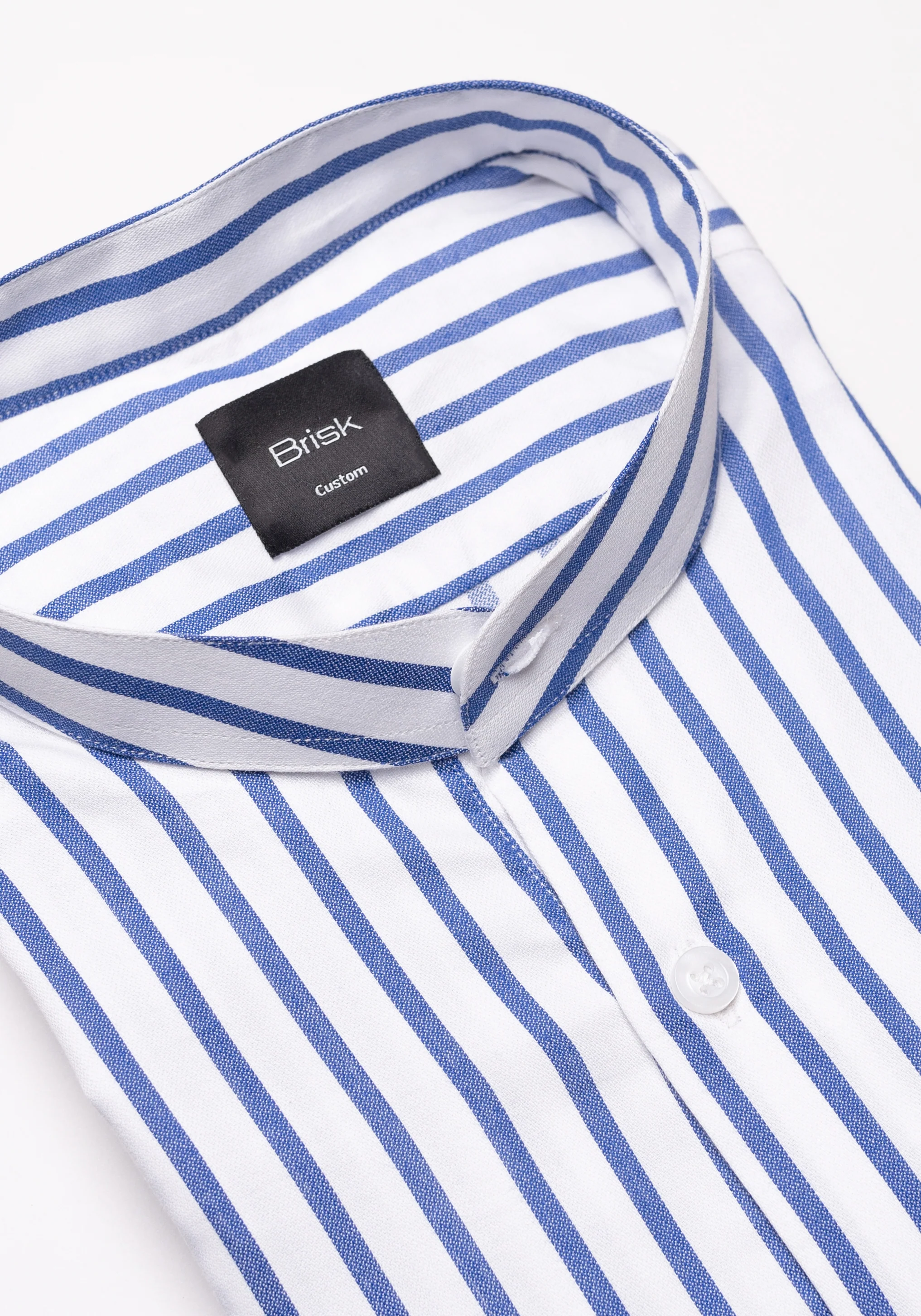Navy Pima Cotton Wide Stripes Shirt - Band Collar - Image 2