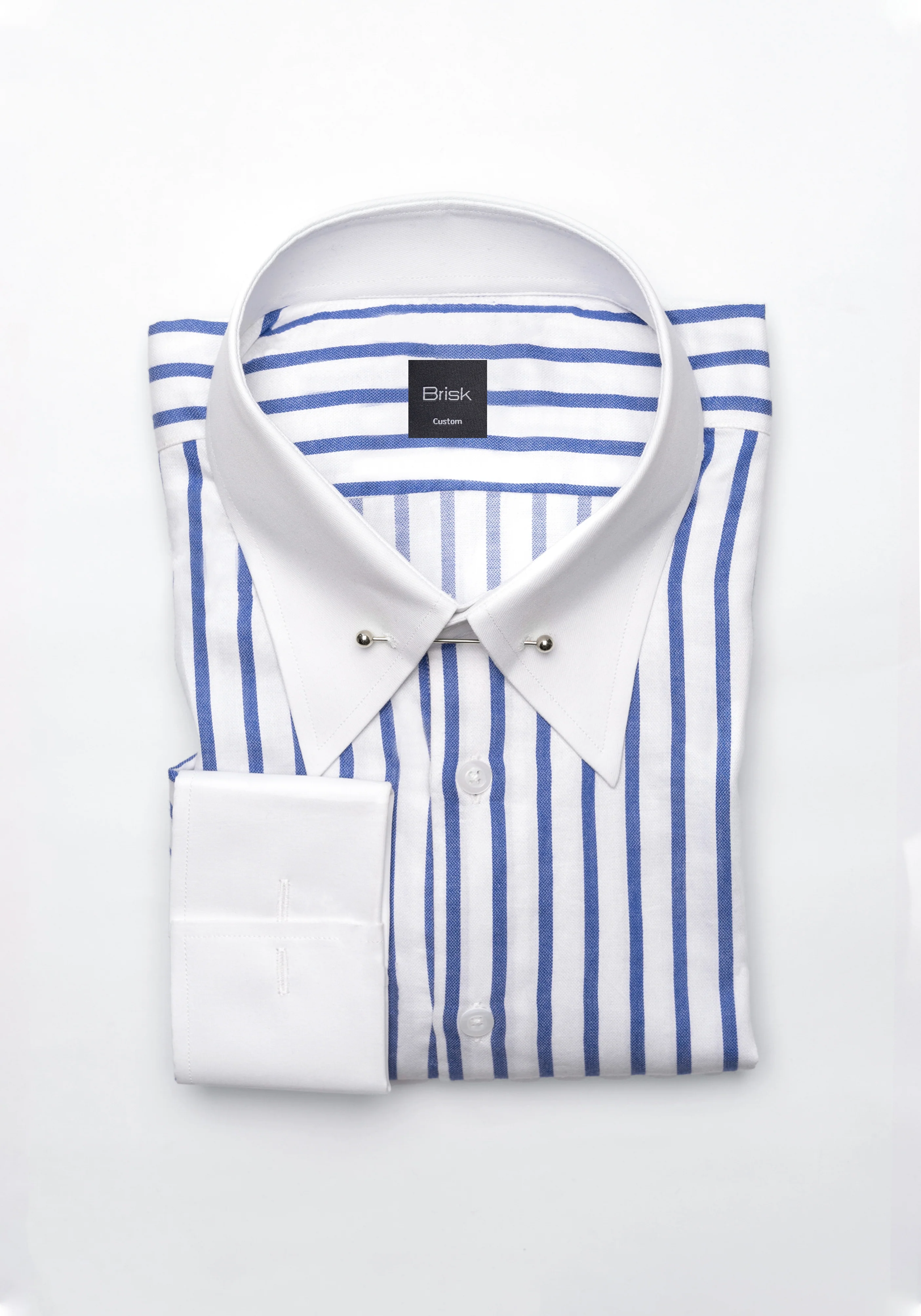 Navy Pima Cotton Wide Stripes Shirt - White Classic Silver Pin Collar