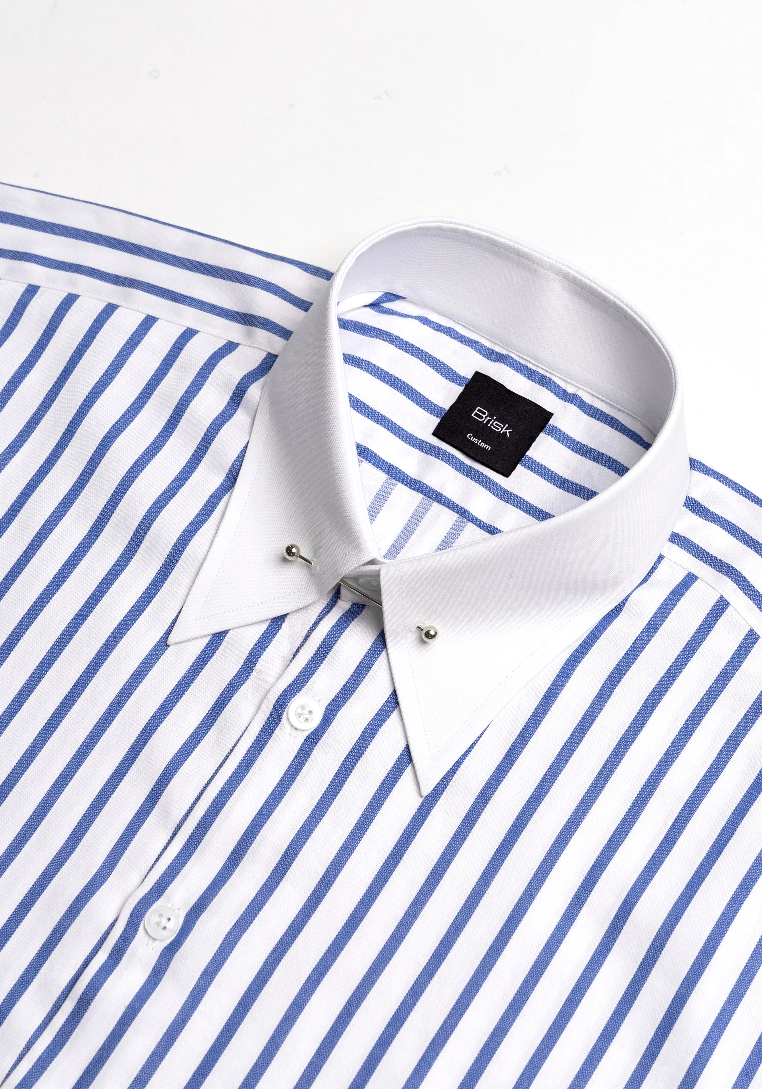 Navy Pima Cotton Wide Stripes Shirt - White Classic Silver Pin Collar - Image 3