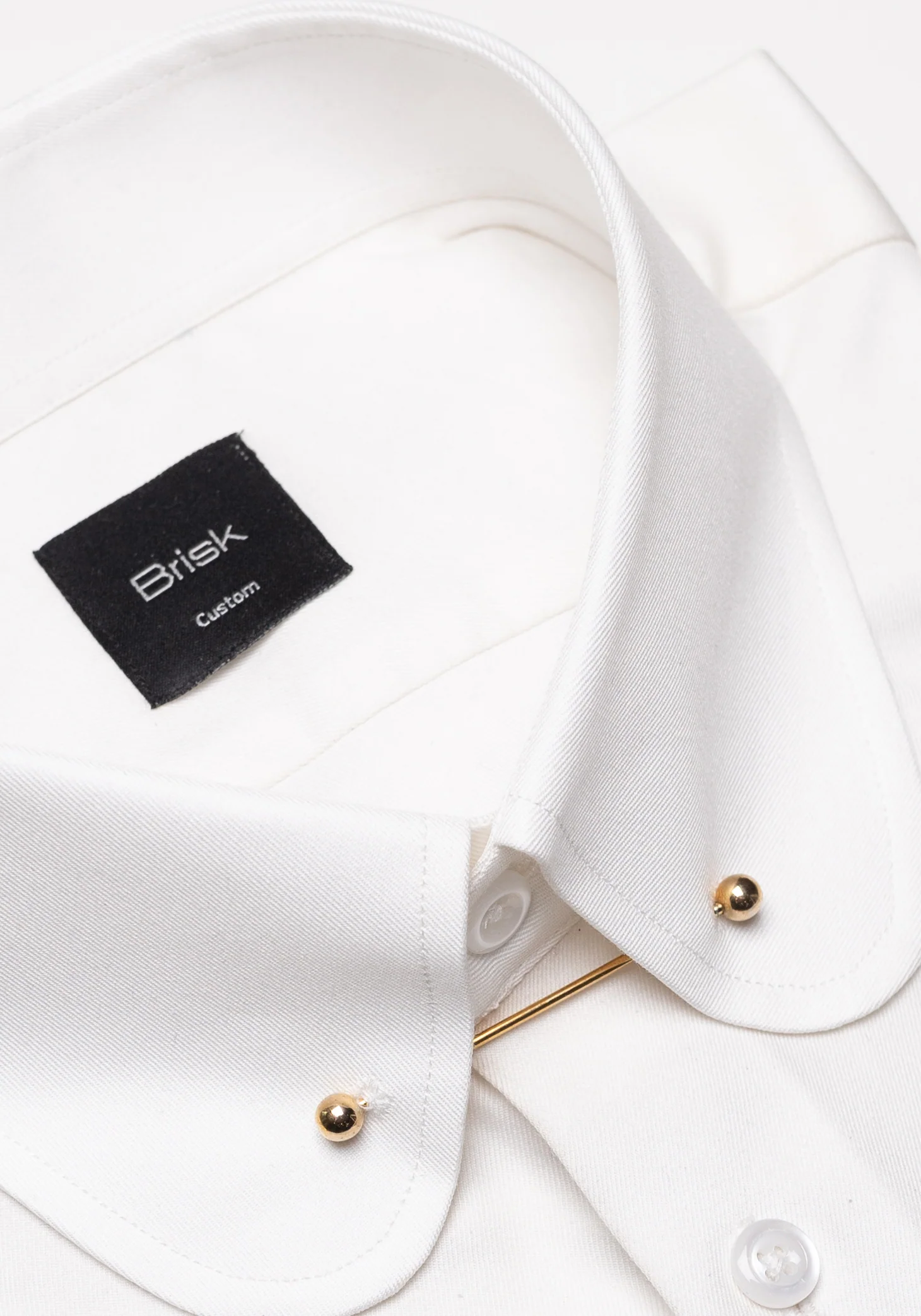 Pearl White Twill Pima Cotton Shirt - Club Collar With Golden Pin Collar - Image 2