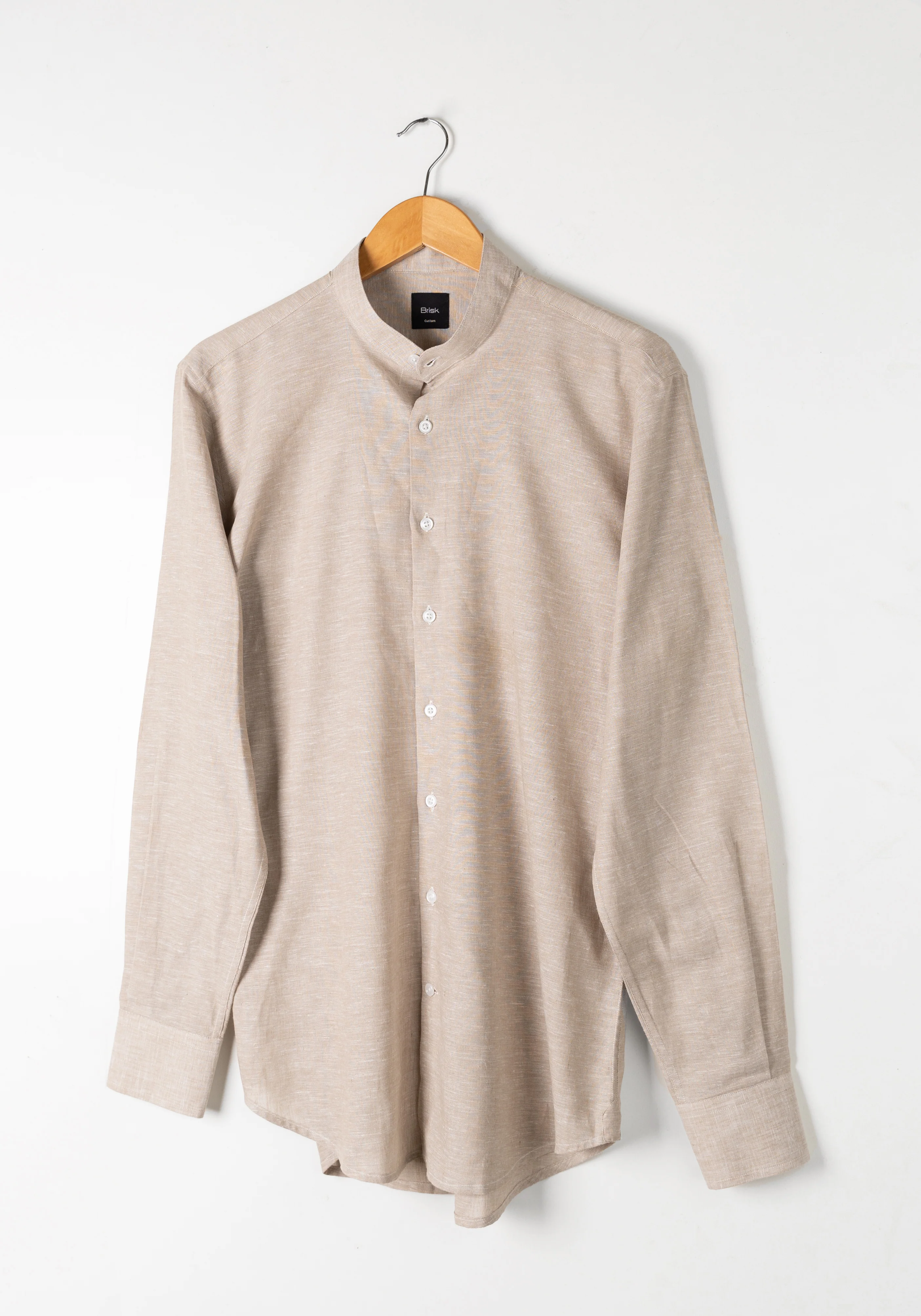 Tan Cotton-Linen Shirt - Band Collar - Image 4