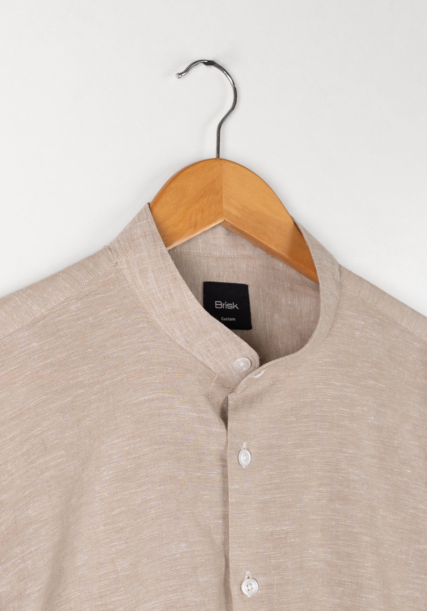Tan Cotton-Linen Shirt - Band Collar - Image 5