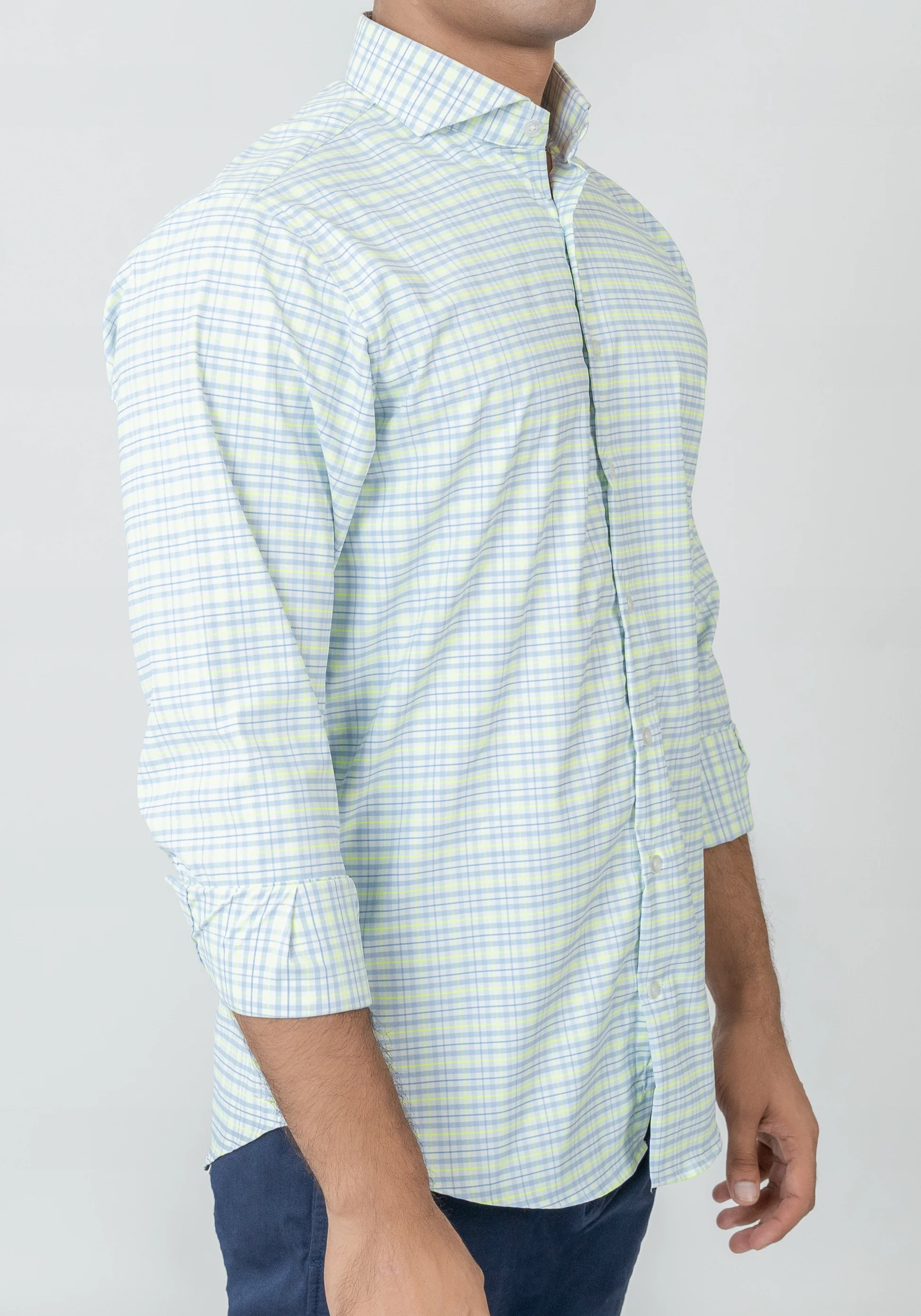 Wrinkle-Free Neon Green & Blue Tartan Performance Stretch Shirt - Image 4