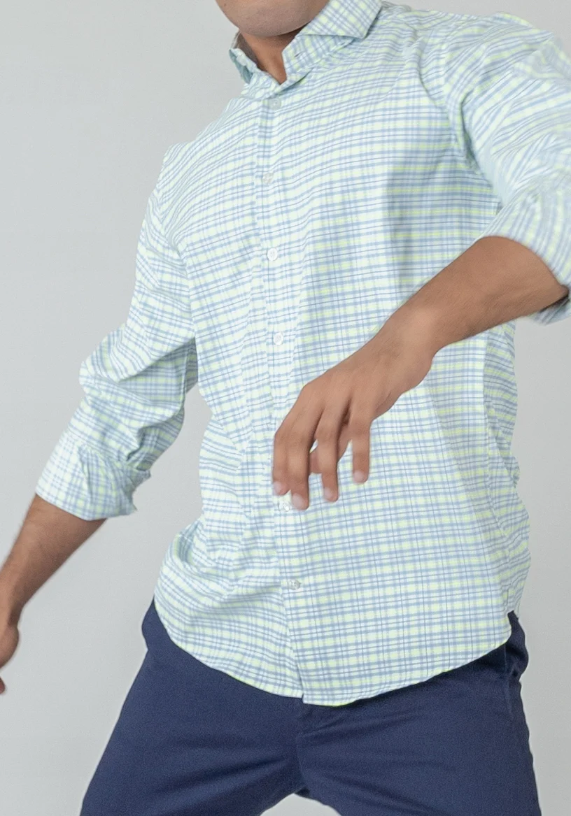 Wrinkle-Free Neon Green & Blue Tartan Performance Stretch Shirt - Image 5